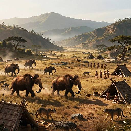 Prehistoric Valley with Mammoths and Tribes