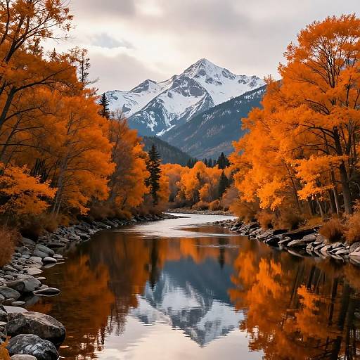 Photograph of a serene autumn river reflecting vibrant orange trees, with snow-capped mountains in the background under a cloudy sky.