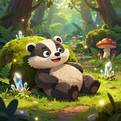 Cute cartoon panda with black and white fur, smiling, lounges in enchanted forest with glowing crystals, moss, and red mushrooms.