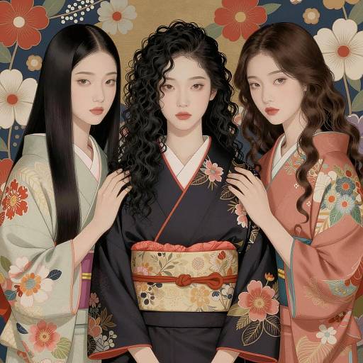 Elegant Trio in Colorful Kimonos