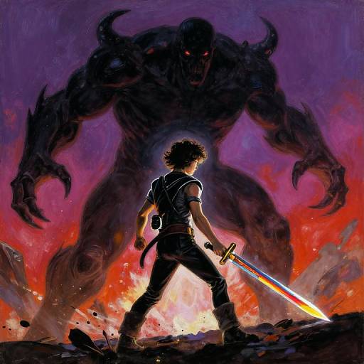 Digital fantasy artwork: A brave warrior with curly hair, back to viewer, holds a glowing sword, facing a massive, shadowy demon looming over a
