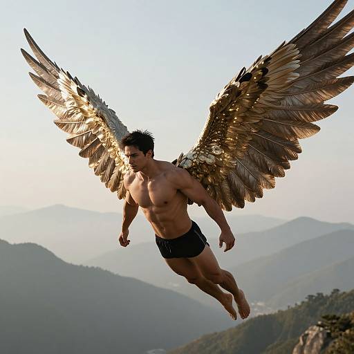 Photograph of a muscular, shirtless man with large, golden feathered wings, wearing black briefs, flying over a mountainous landscape at sunset