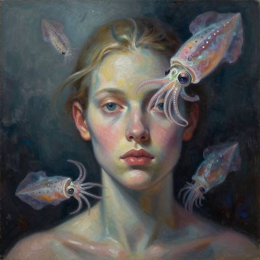 Digital painting of a pale-skinned woman with blue eyes, blonde hair, and pink lips, surrounded by floating, iridescent squid. Dark,