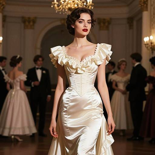 Woman in Glossy Victorian-Inspired Dress at Ballroom