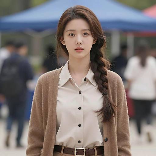 Young Asian Woman in Beige Blouse and Brown Cardigan