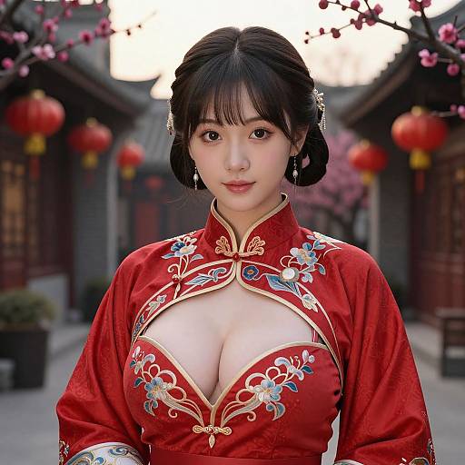 Photorealistic digital image of an East Asian woman in a traditional red Chinese dress with floral embroidery and keyhole neckline, standing in a cherry blossom-lined