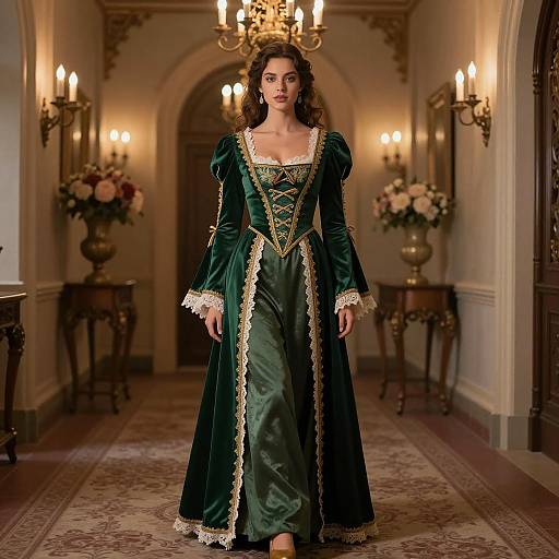 Woman in Green Medieval Gown in Ornate Hallway