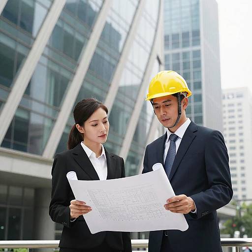 Photograph of a Caucasian man and woman in black suits, with the man wearing a yellow hard hat, holding a blueprint outside a modern glass building.