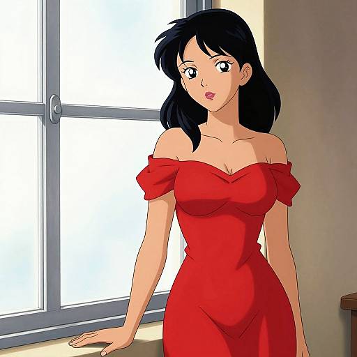 Anime-style digital drawing of a woman with black hair, blue eyes, and fair skin, wearing an off-shoulder red dress, standing by a