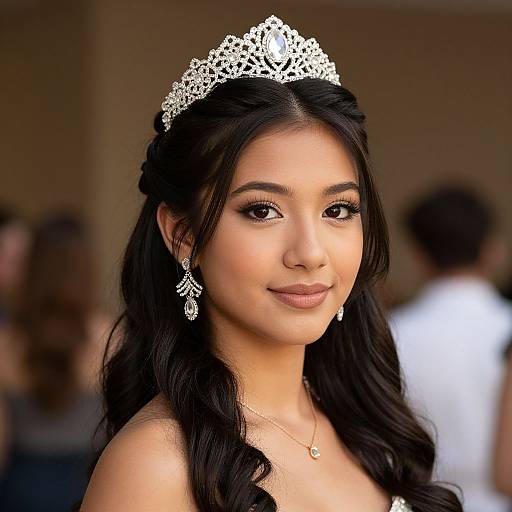 Photograph of an Asian woman with long black hair, wearing a silver tiara and matching earrings, smiling slightly, with a blurred background.