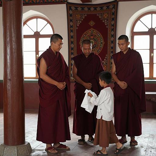 Monks and Boy in Vibrant Room