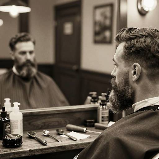 Black-and-white photograph of a bearded man with styled hair sitting in a vintage barber shop, reflected in the mirror. Barbershop tools and bottles
