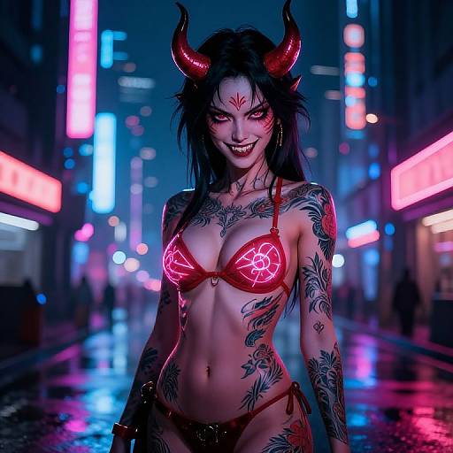Digital artwork of a tattooed, red-lit demon woman with horns, neon bikini, and glowing eyes in a neon-lit, rain-soaked