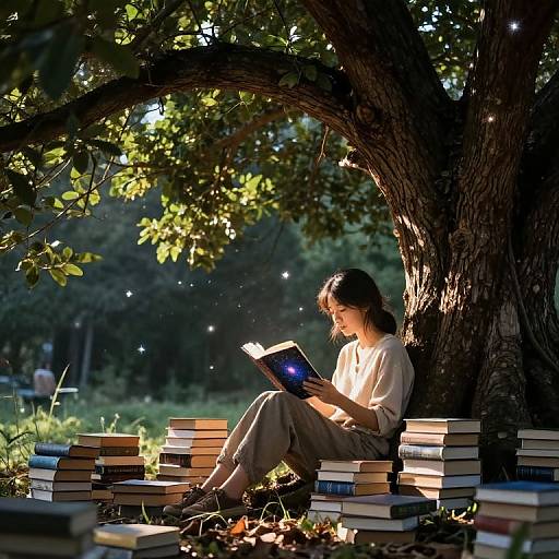 Starlit Reader Beneath Living Tree