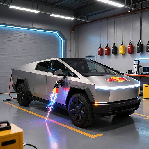 Photograph of a futuristic silver electric car with glowing red and blue accents, in a brightly lit industrial garage with fire extinguishers on the wall.