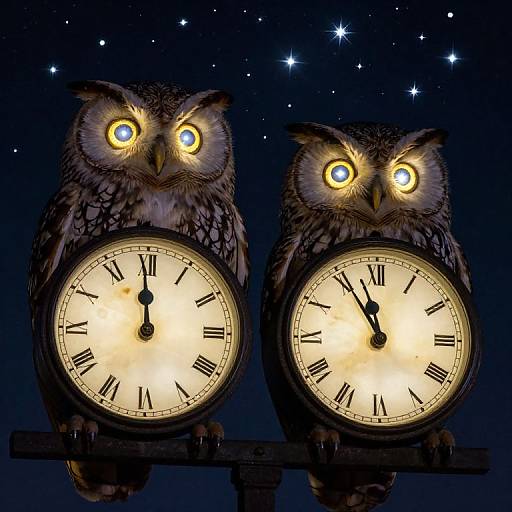 Digital illustration of two owls with glowing yellow eyes, perched on a branch, each with a glowing clock face showing different times, against a dark