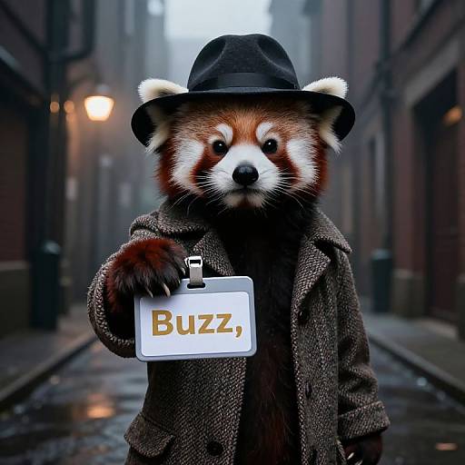 Photograph of a red panda in a black fedora and brown overcoat, holding a white 