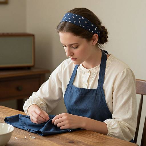 Photograph of a young woman with fair skin and dark hair, wearing a blue headscarf, white blouse, and blue apron, sewing on