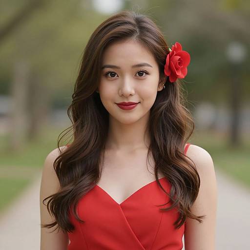 Photograph of an Asian woman with long, wavy brown hair, wearing a red dress, red flower in hair, and red lipstick, standing in