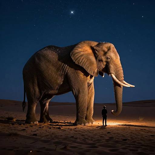 Photograph of a large elephant with glowing tusks standing in a desert at night, illuminated by a spotlight, with a small figure beside it, under