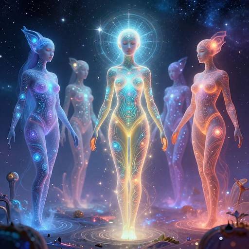 Digital artwork of glowing, ethereal, blue and orange, futuristic female figures with neon patterns, standing in a starry cosmic background.