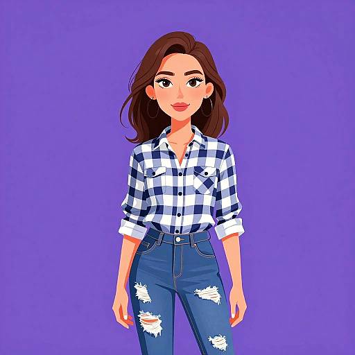 Casual Woman in Plaid and Denim