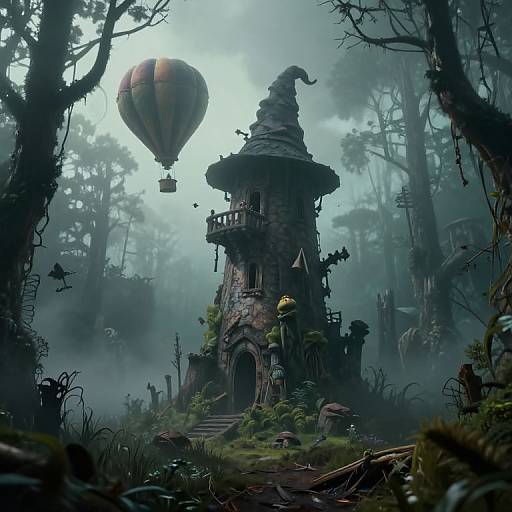 Whimsical forest scene: enchanted, moss-covered tower with pointed hat, surrounded by fog, tall trees, and a colorful hot air balloon. Digital