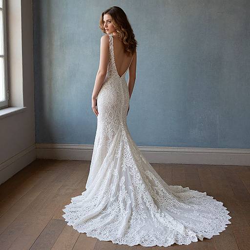 Photograph of a woman with wavy brown hair, wearing a backless, lace, white mermaid-style wedding dress, standing in a sunlit