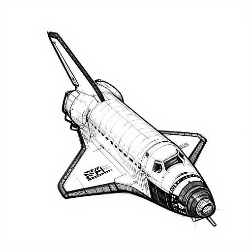 Black-and-white, hand-drawn sketch of a Space Shuttle with detailed lines, visible engine nozzle, and 