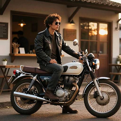 Vintage Motorcycle at Rustic Café Sunset