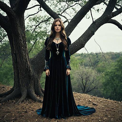 Enchanted Woman in Velvet Gown Outdoors