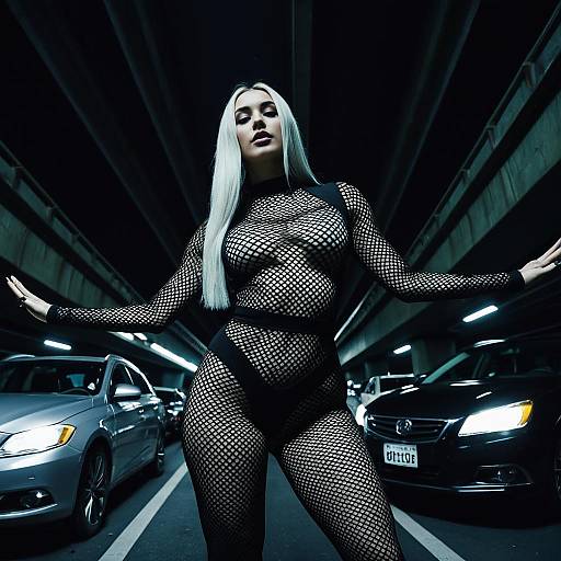 Woman in Black Fishnet Dress in Urban Night Underpass