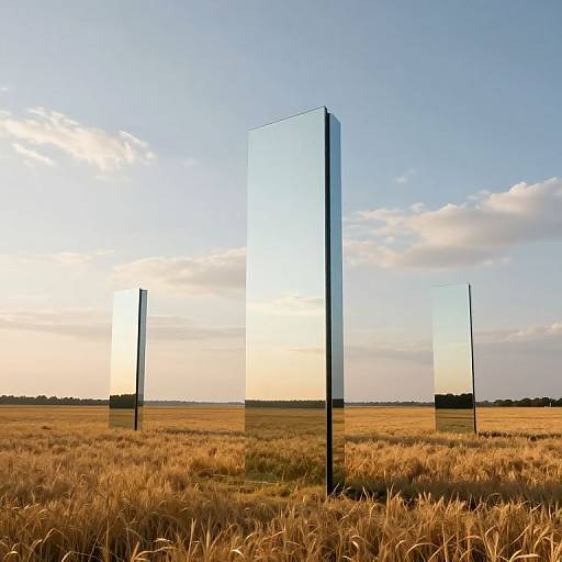 Photograph of three tall, rectangular, transparent glass panels standing in a golden wheat field under a clear, blue sky at sunset.