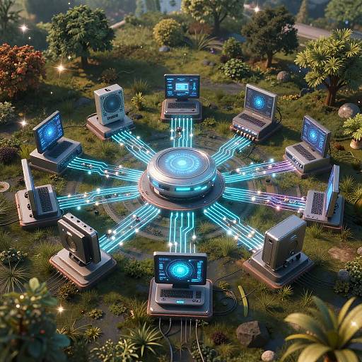 CGI image of a circular array of glowing blue neon computers in a lush, detailed forest, each emitting bright blue light.