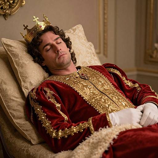 Photograph of a man with curly brown hair, wearing a golden crown and rich red velvet robe with intricate gold embroidery, reclining on an ornate