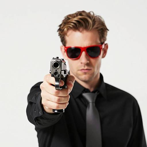 Man with Handgun Pointing at Camera