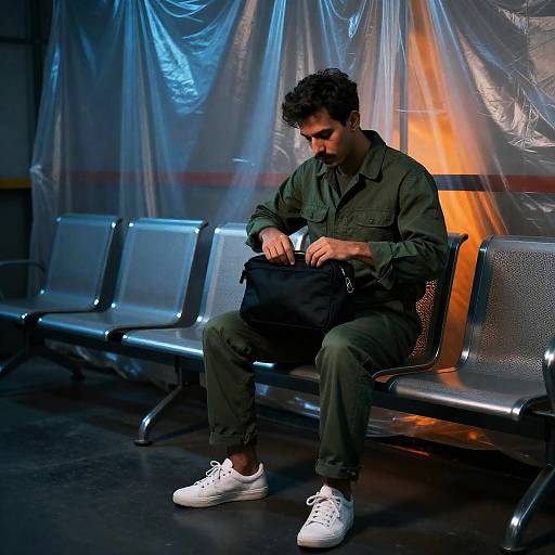 Man in Green Jumpsuit in Dim Room