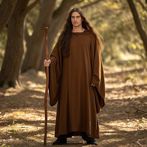 Man in Brown Robe with Staff in Forest