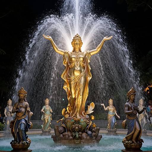 Golden statue of a goddess with outstretched arms, surrounded by water spray, flanked by bronze attendants, in a nighttime fountain.