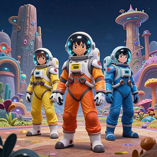 Digital art: Three anime-style astronauts in yellow, orange, and blue suits standing on a colorful alien planet with futuristic buildings and lush vegetation.