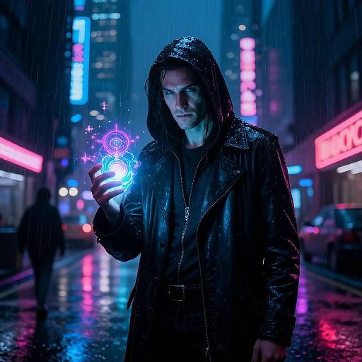 Cyberpunk street scene: Rain-soaked man in black leather hooded jacket conjures glowing, purple holographic circles with a hand, neon lights