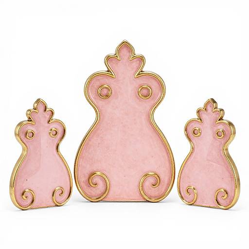Three pink, ornate, gold-edged, swirling-shaped cutouts on white background, resembling stylized figures, with symmetrical curves and decorative gold
