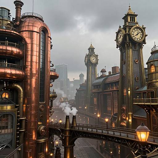 Steampunk cityscape photograph featuring copper industrial buildings, a tall clock tower, foggy sky, steam rising, and ornate street lamps.