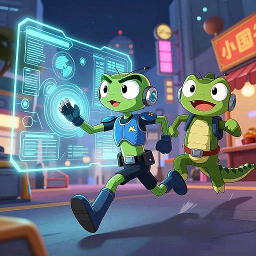 Digital illustration of two green anthropomorphic lizards, one in blue police uniform, the other in a red shirt, running through a neon-lit city