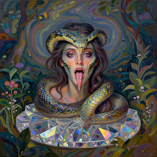 Digital painting of a woman with snake headpiece, snake coiled around her neck, tongue out, in a colorful, abstract forest setting.