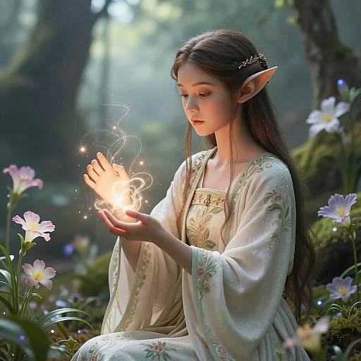 Digital fantasy artwork of a fair-skinned, elf-like woman with long brown hair, wearing a floral white dress, holding a glowing, magical orb in