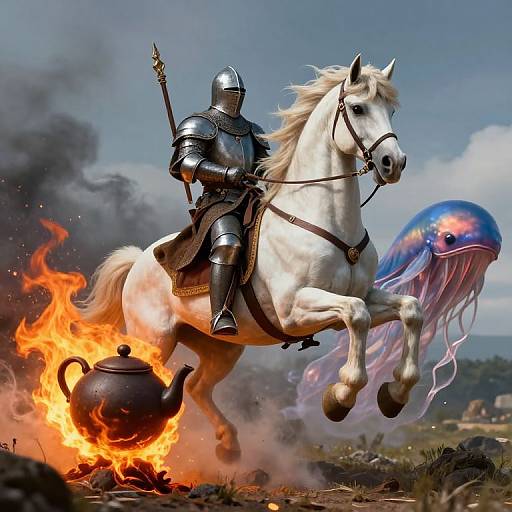 Digital artwork of armored knight on white horse charging with flaming teapot, blue jellyfish-like creature in background, smoke rising.