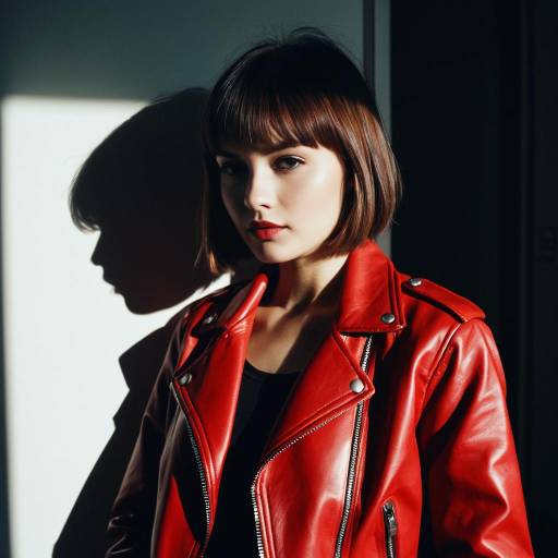 Young woman with side swept bangs in red leather jacket