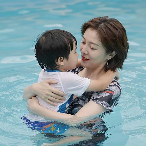 Mother and Child Hugging in Swimming Pool
