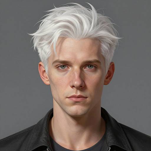Digital portrait of a pale-skinned, white-haired man with blue eyes, wearing a black leather jacket, against a gray background.